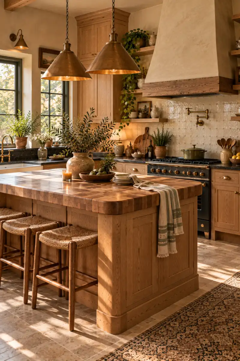 End grain butcher block island in a warm rustic kitchen