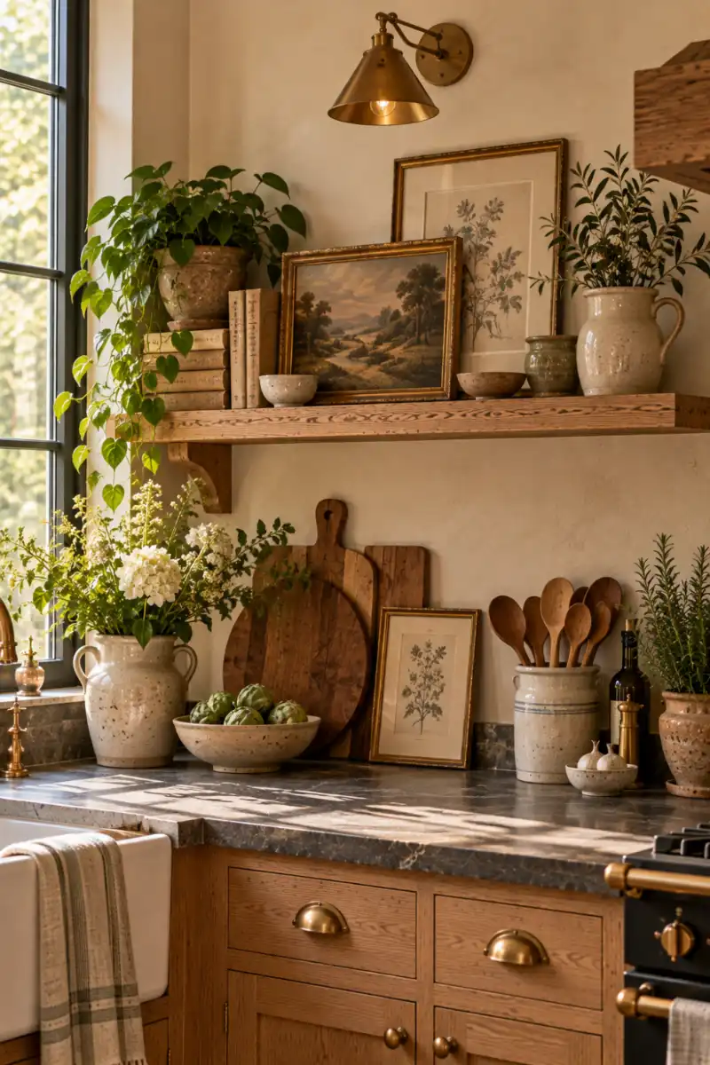 Vintage artwork layered on oak shelf above rustic kitchen counter