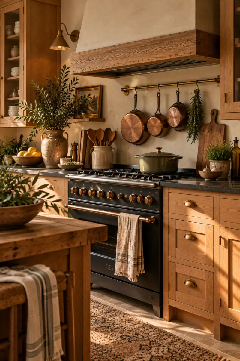 Aged copper pans on a brass rail in rustic kitchen