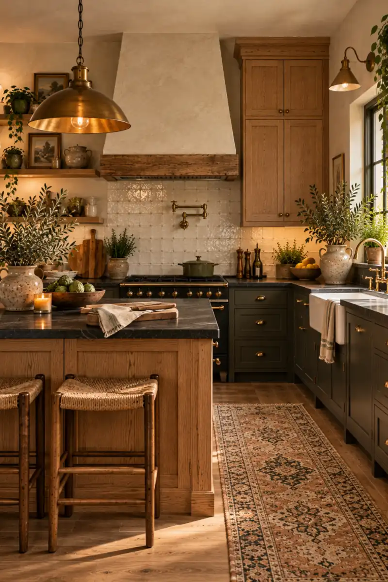 Charcoal lower cabinets with pale oak uppers in kitchen