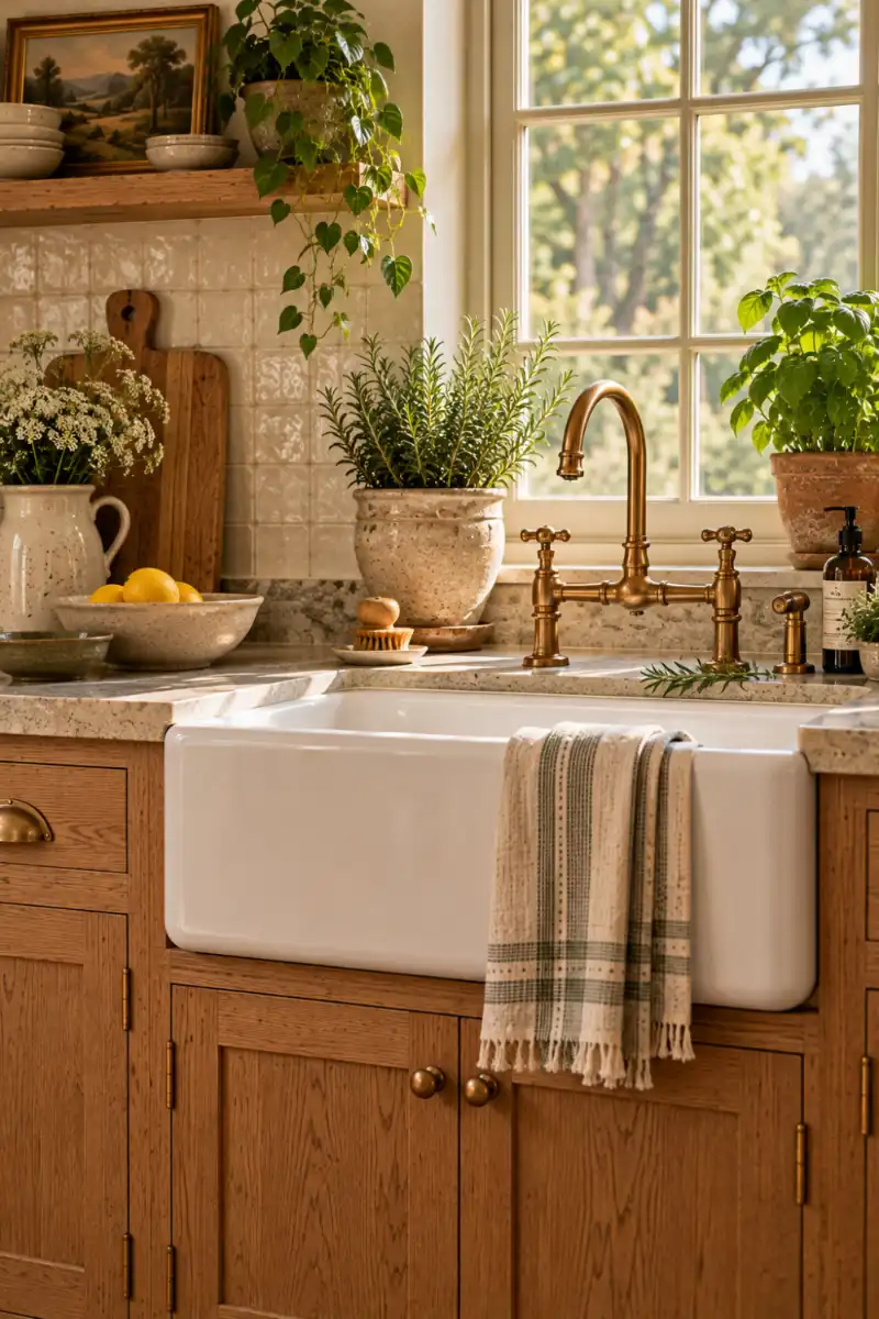 Deep fireclay farmhouse sink with aged brass faucet