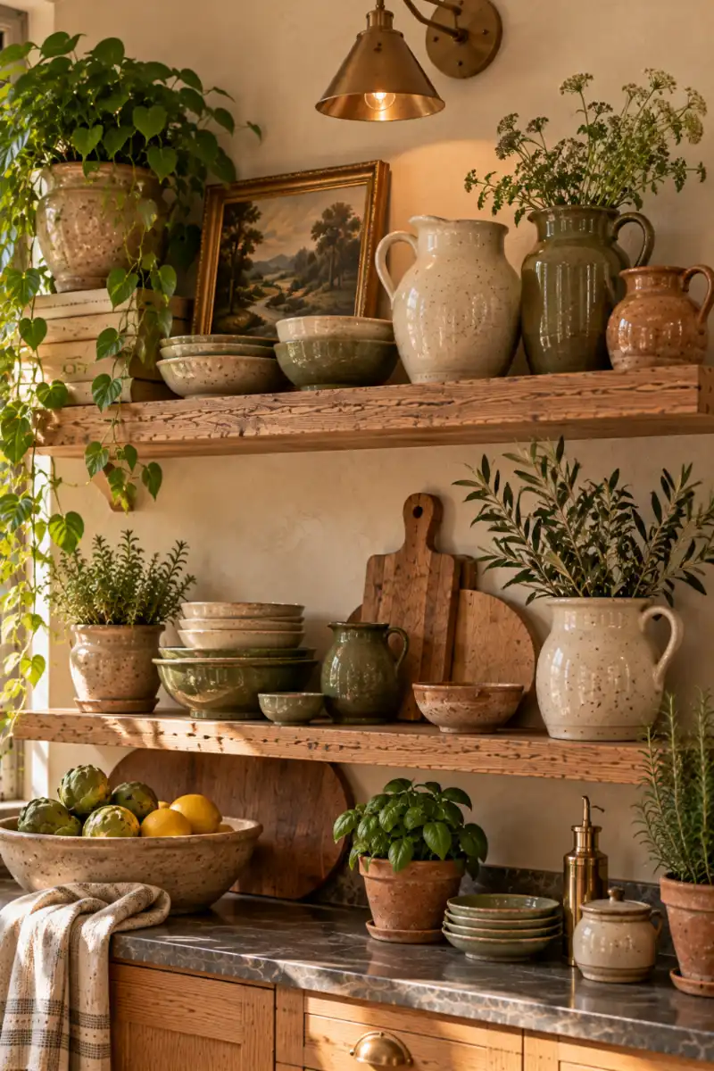 Glazed ceramic pitchers and bowls on open oak shelf