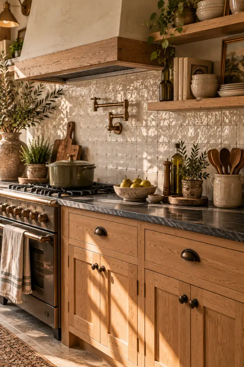 Handmade cream tile backsplash with warm oak cabinetry