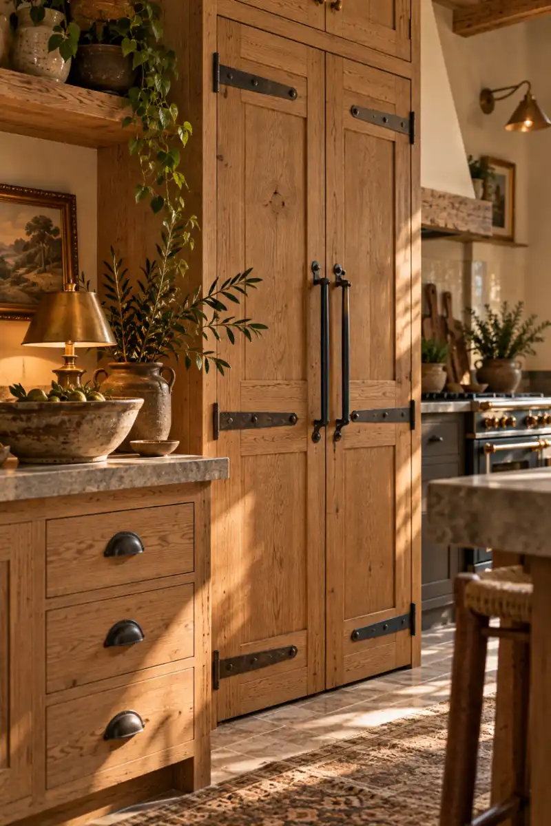 Blackened iron hardware on natural oak pantry cabinet