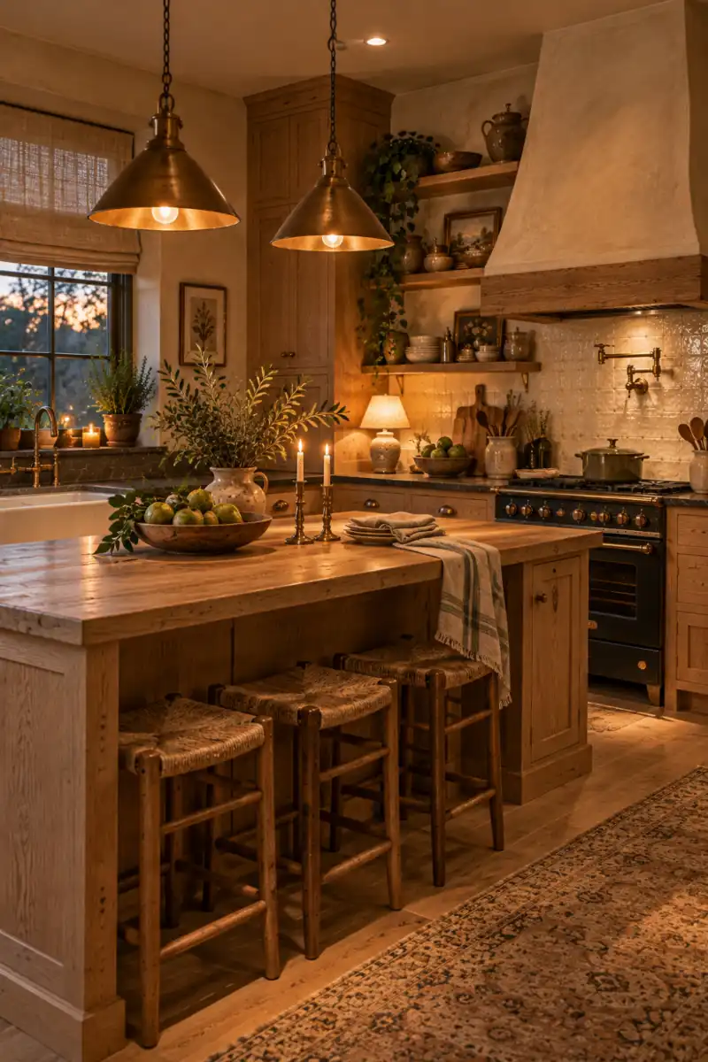 Layered brass pendant and countertop lighting in warm kitchen