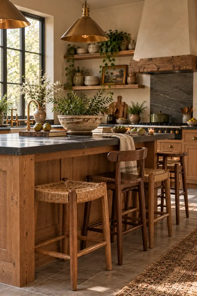 Mixed oak and walnut stools at a wood kitchen island