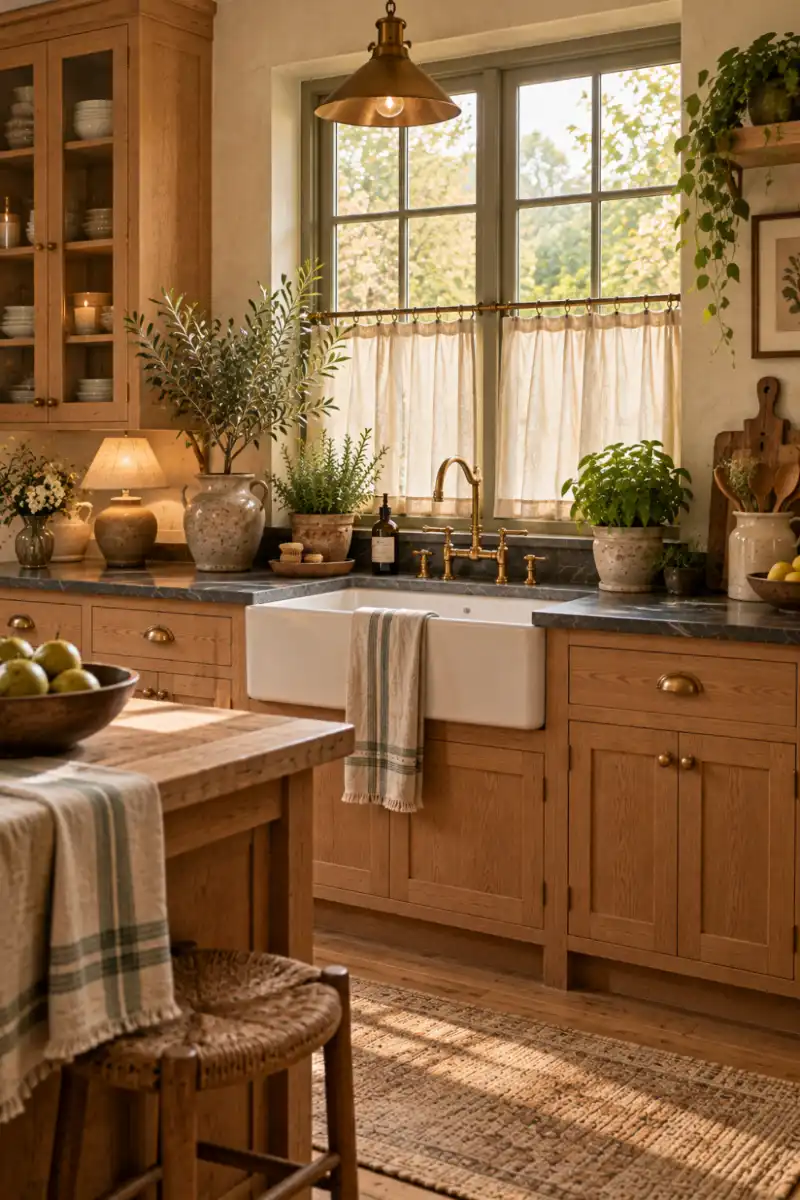 Natural linen cafe curtains at a rustic kitchen window