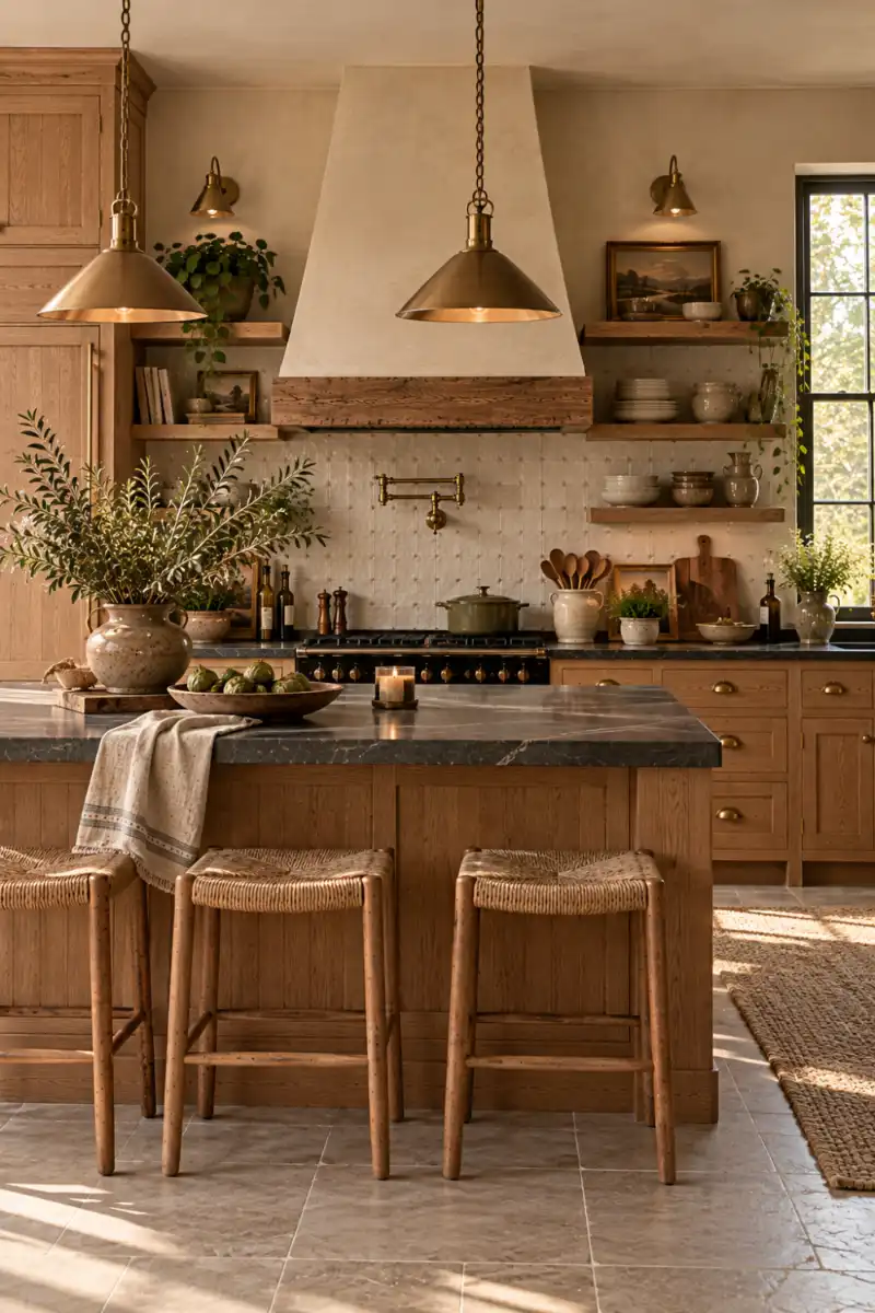 Warm neutral palette of oak plaster and dark stone kitchen