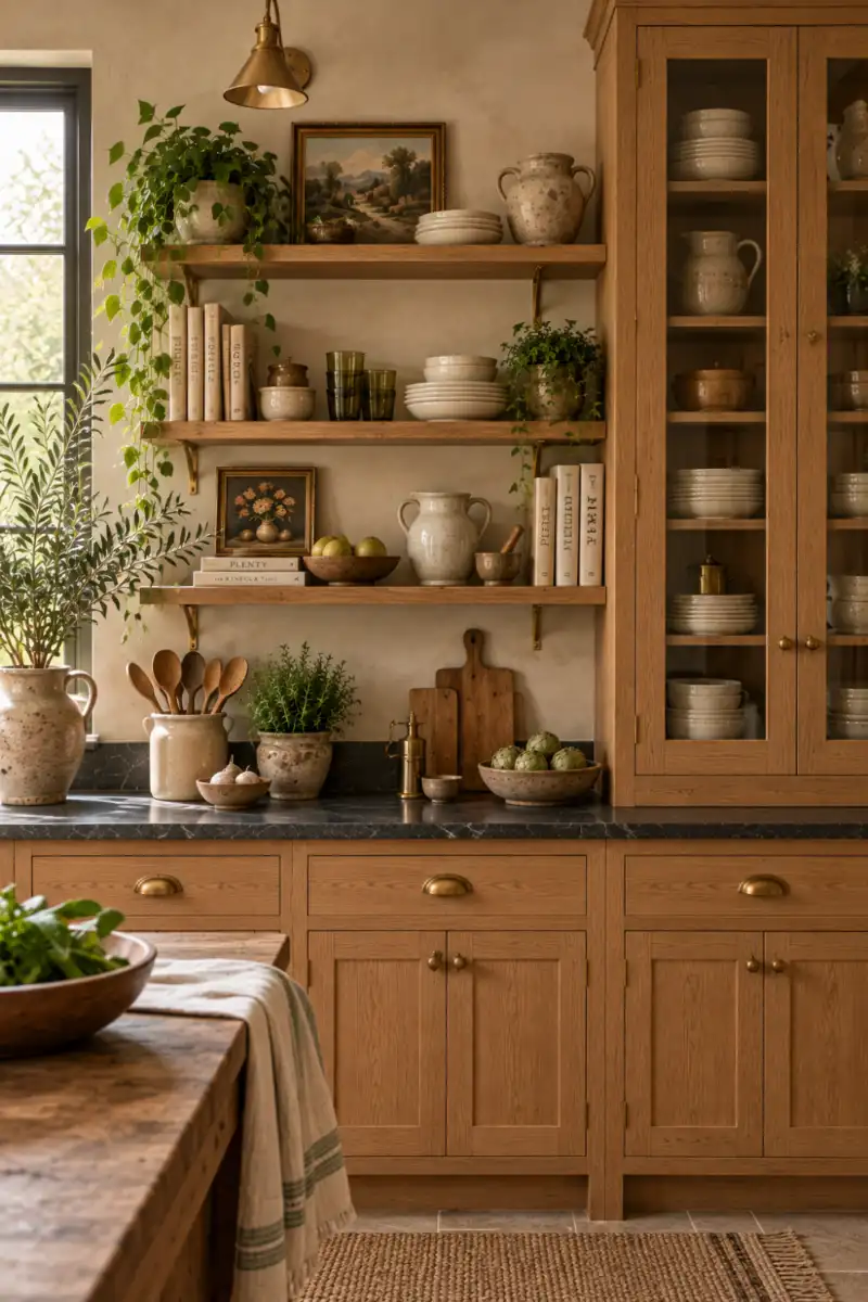 Balanced open shelving beside oak cabinets in rustic kitchen