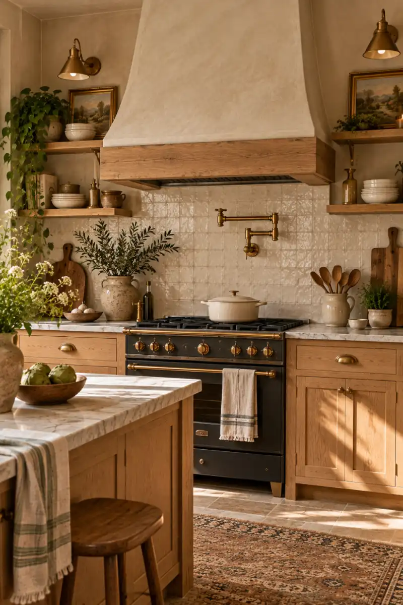 Cream plaster range hood with handmade tile backsplash