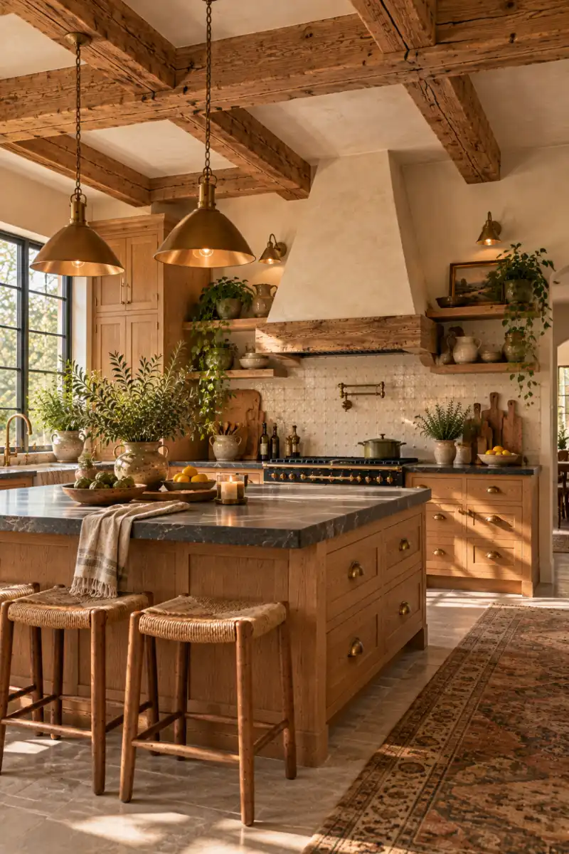 Reclaimed wood beams above pale oak rustic kitchen