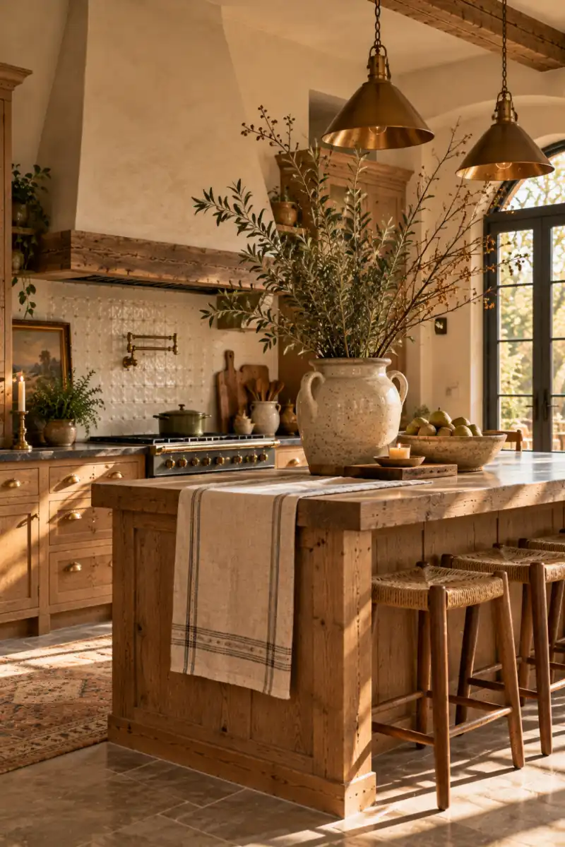 Seasonal olive branches in stoneware on rustic oak island