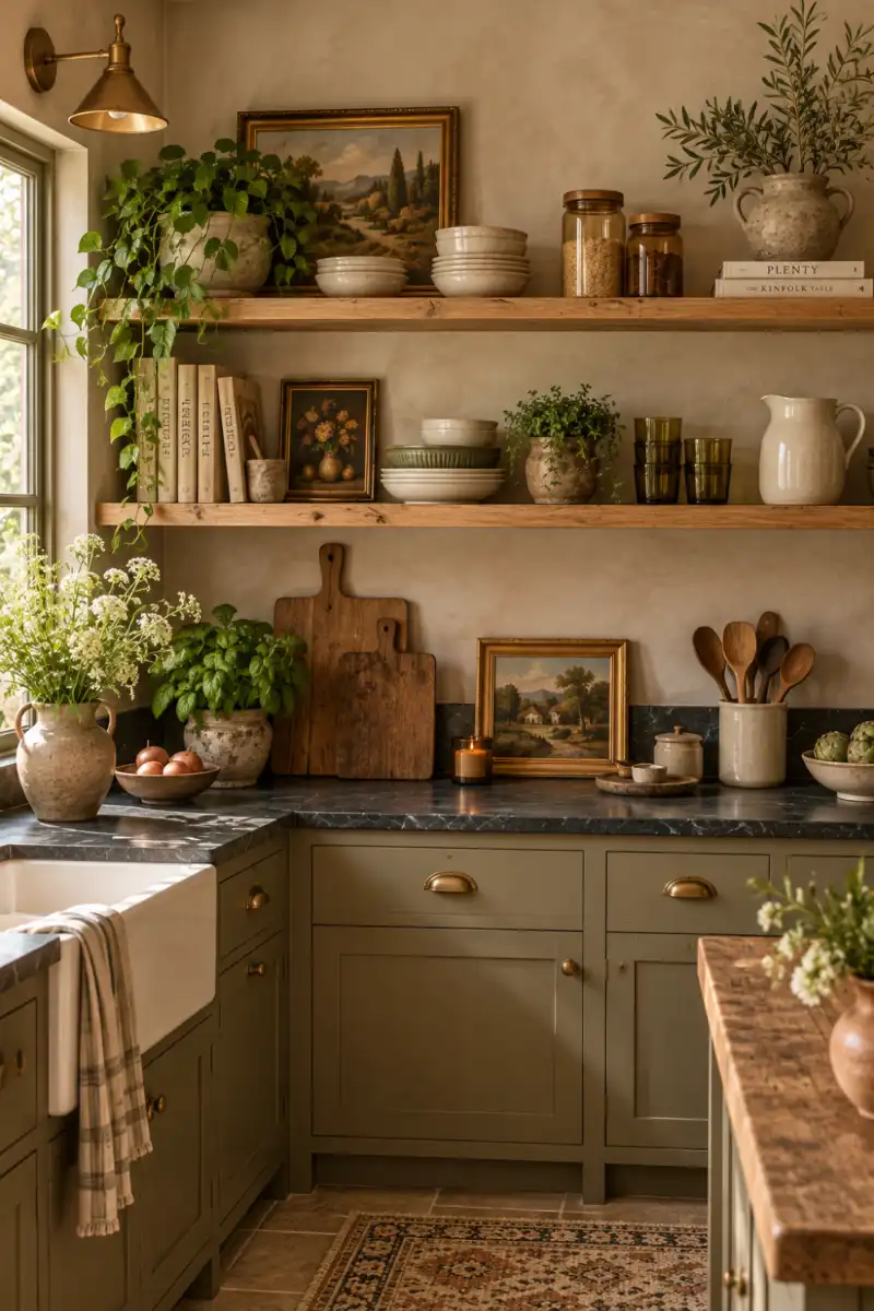 Open oak shelves with cream stoneware in rustic kitchen