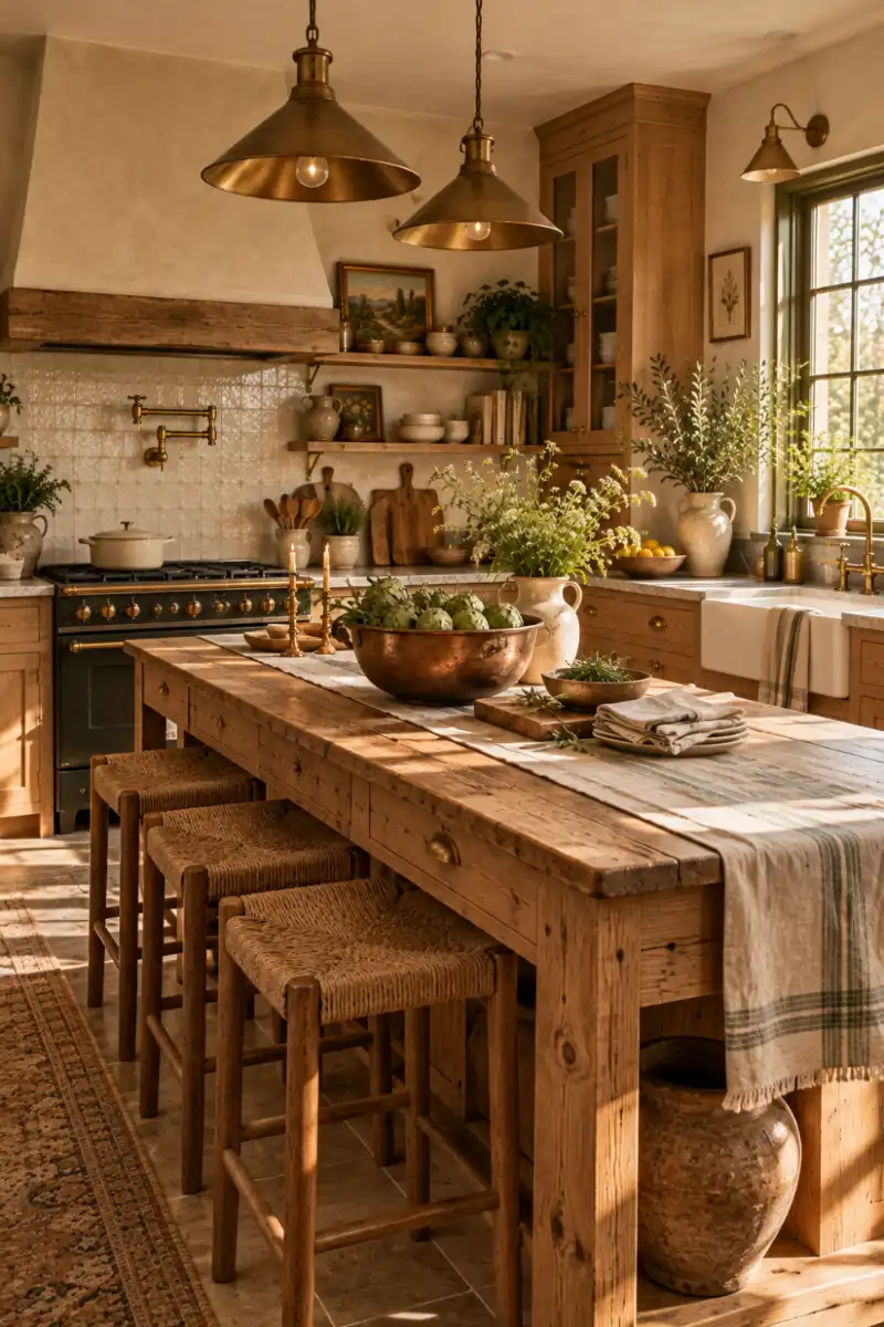 Vintage pine worktable used as a rustic kitchen island