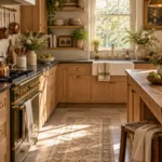 Warm oak cabinets in a softly layered rustic kitchen