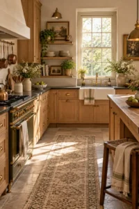 Warm oak cabinets in a softly layered rustic kitchen
