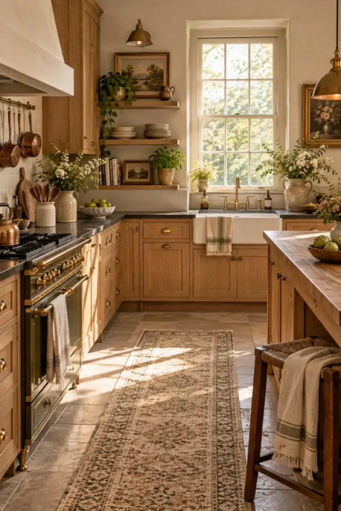 Warm oak cabinets in a softly layered rustic kitchen