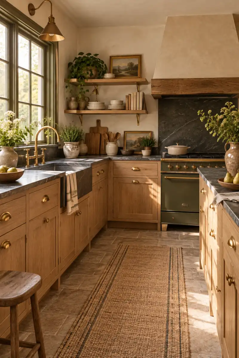 Warm oak cabinets in a softly layered rustic kitchen