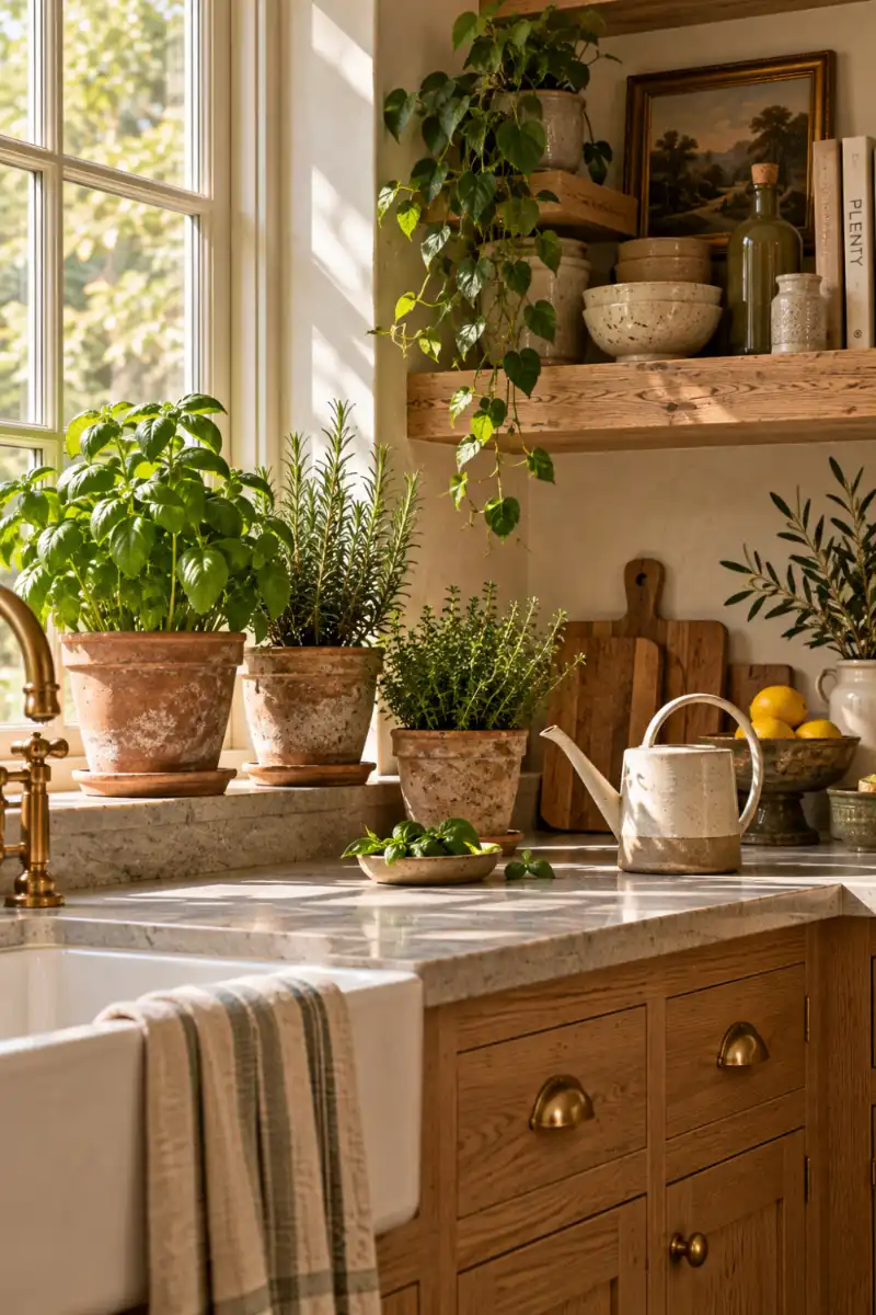 Fresh herbs in terracotta pots by a rustic kitchen window