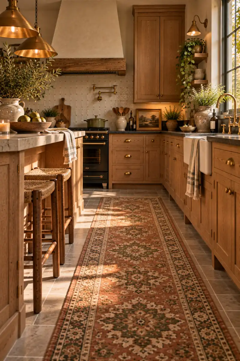 Faded woven runner beside an oak kitchen island