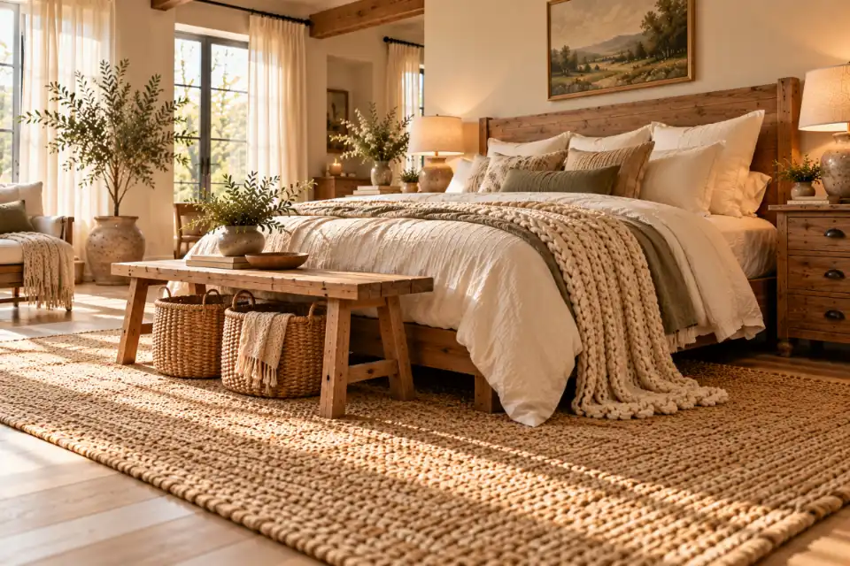 Large natural jute rug extending beneath a rustic oak bed with cream linen bedding