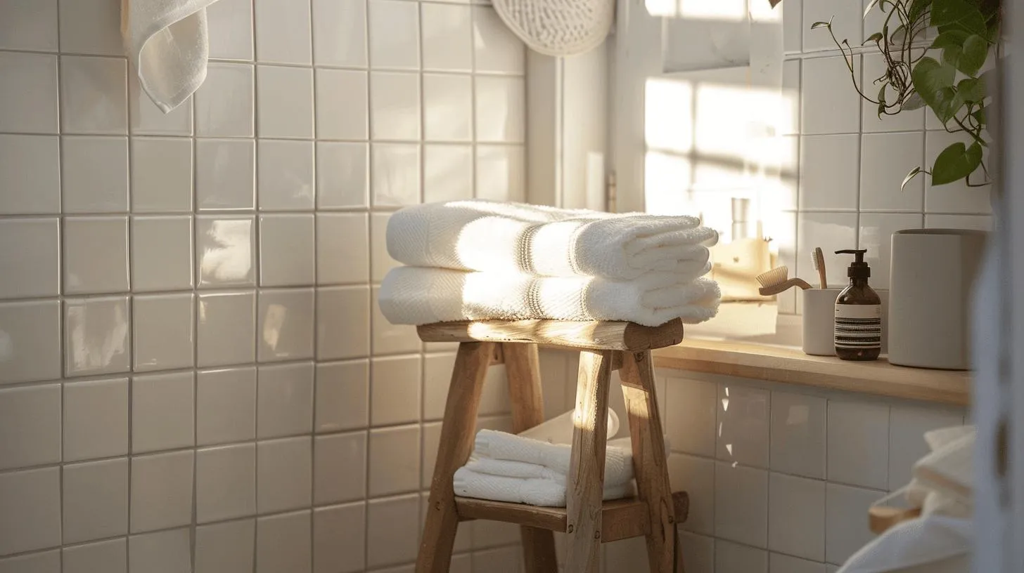 Cotton towels and ceramic soap dish in a light cottage-style bathroom