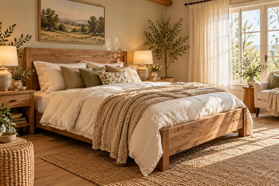 Natural oak bed frame with cream linen bedding and warm modern rustic bedroom decor