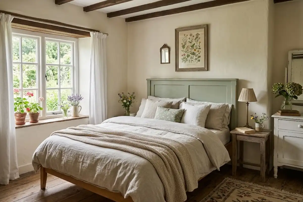 Wooden headboard painted soft sage with lightly distressed edges