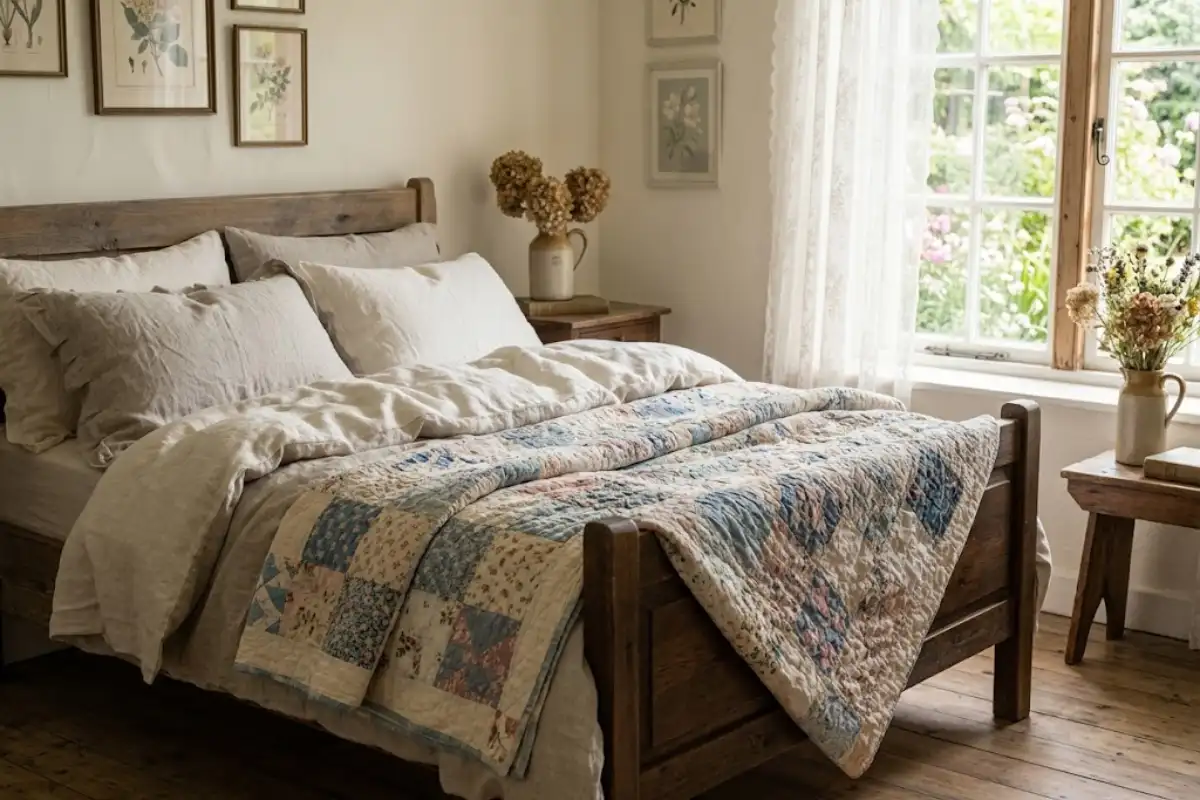 Faded patchwork quilt folded over the end of a vintage bed