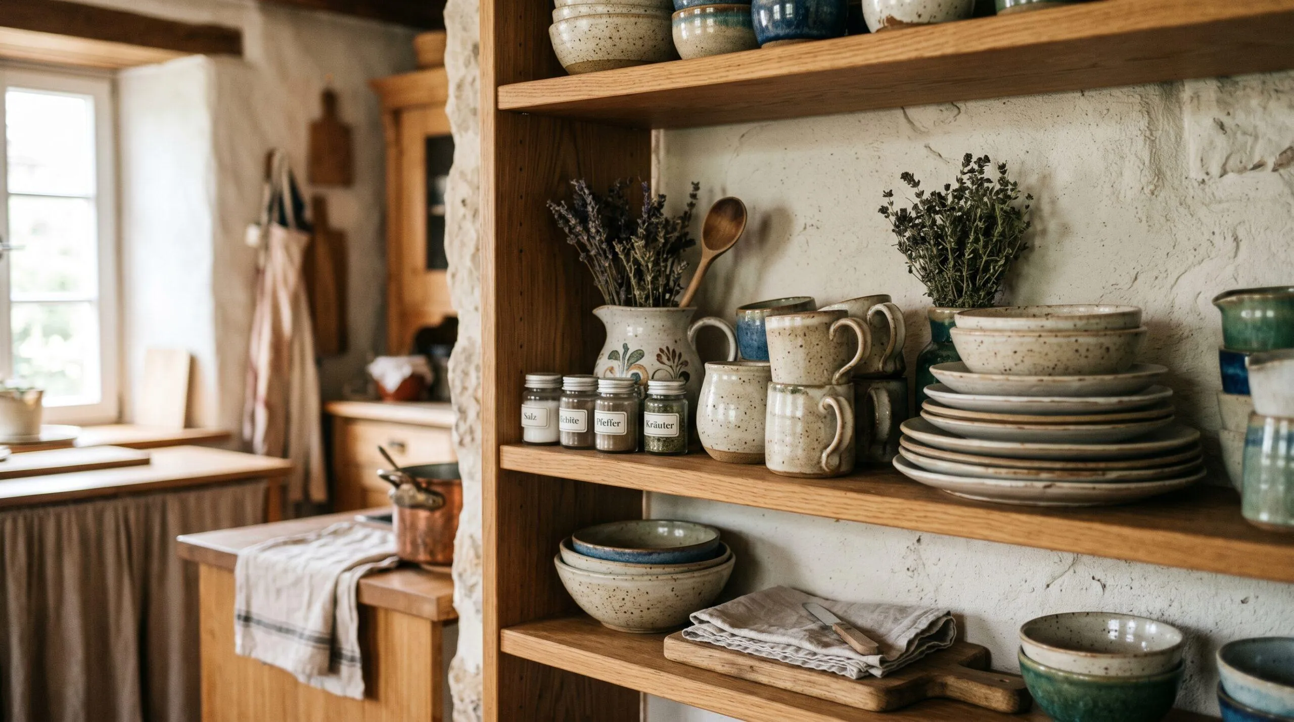 Organized wooden kitchen shelf with useful bowls, mugs, and storage jars