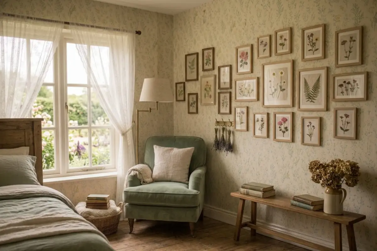 Simple wooden frames holding pressed flowers on a bedroom wall