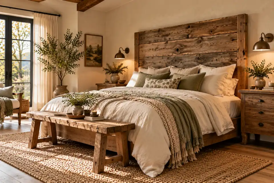Reclaimed barn wood headboard with visible grain and knots above an ivory linen bed