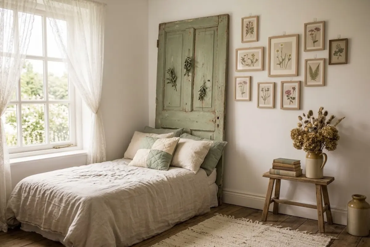 Small rental bedroom with a leaning painted door headboard and removable hooks