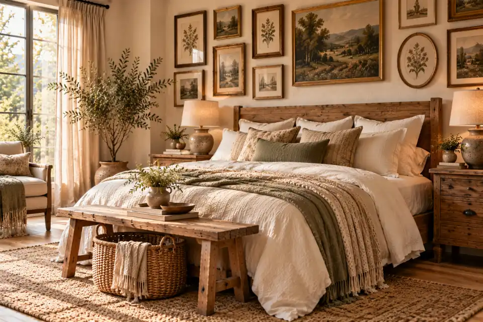 Vintage botanical prints and antique landscape paintings arranged above an oak bed
