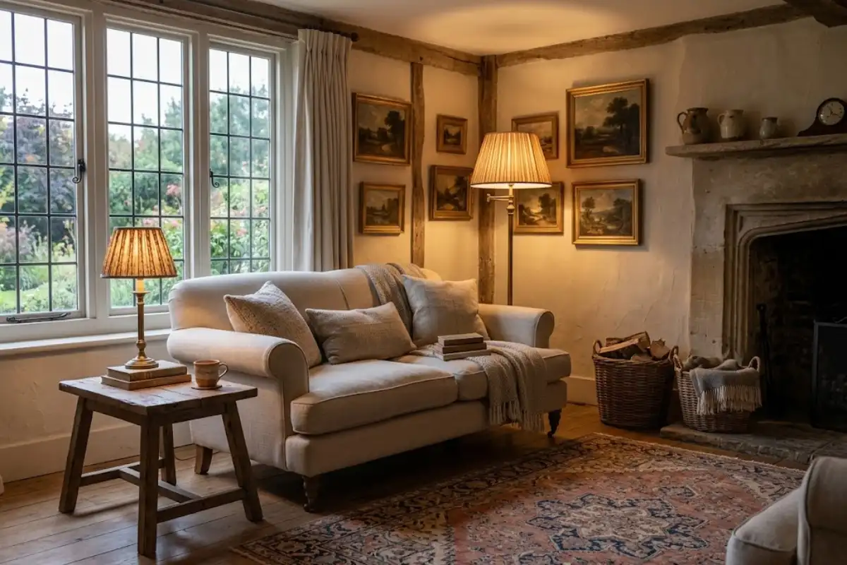 Antique brass floor lamp with a linen shade beside a cream sofa and vintage artwork