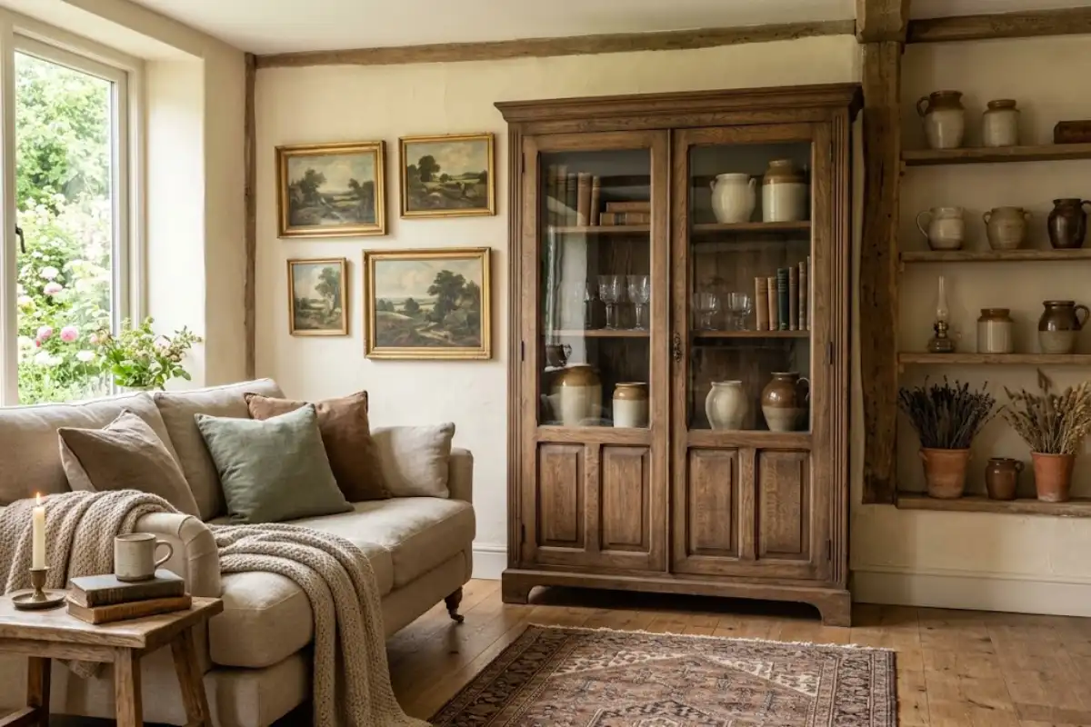 Antique oak cabinet with glass doors displaying vintage books and pottery in a rustic living room