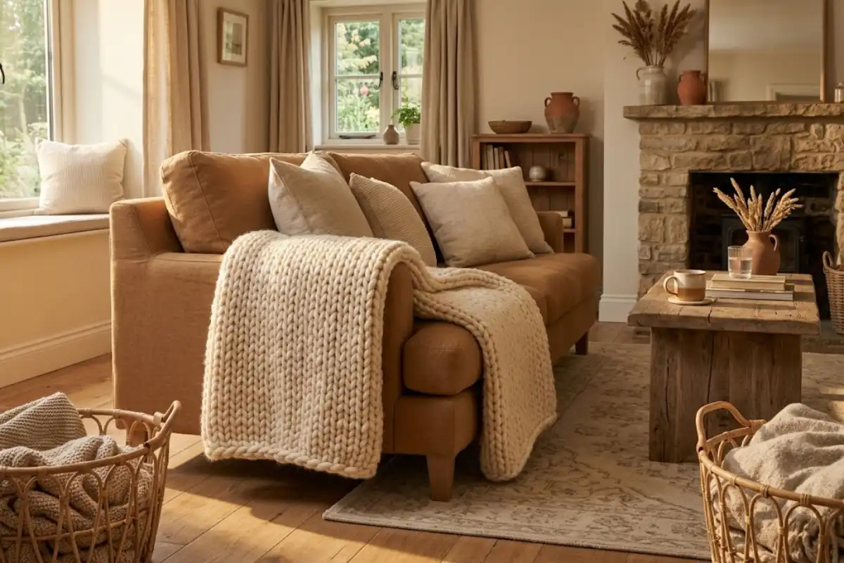 Chunky cream knitted throw draped over a caramel linen sofa in a cozy rustic living room