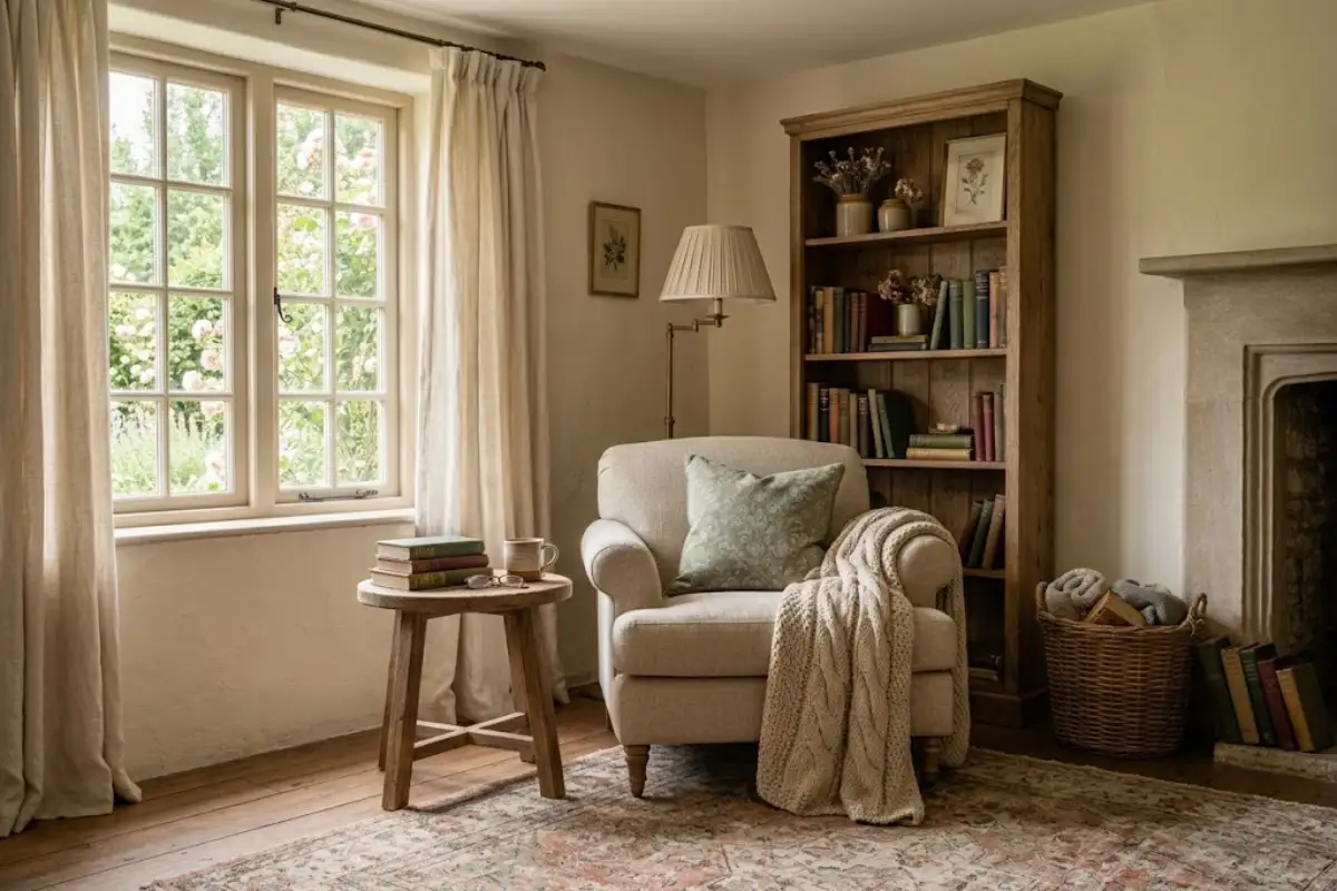Cozy reading corner with oatmeal armchair, knitted throw, oak bookshelf, and brass floor lamp