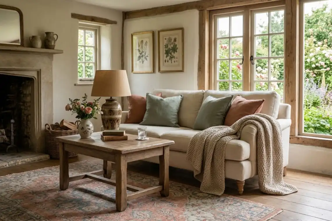 Distressed oak side table with ceramic lamp and vintage books beside a cream linen sofa