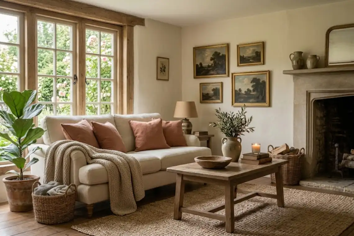 Rustic living room with terracotta cushions, clay pottery, oak furniture, and sage greenery