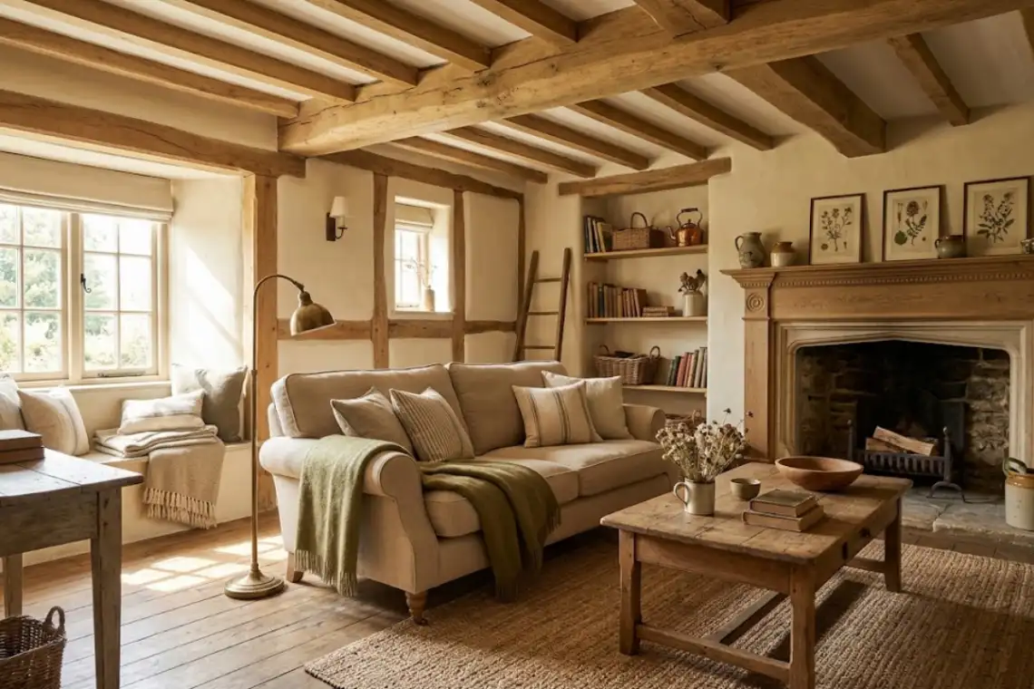 Rustic living room with exposed oak ceiling beams, a beige linen sofa, and a reclaimed wood coffee table