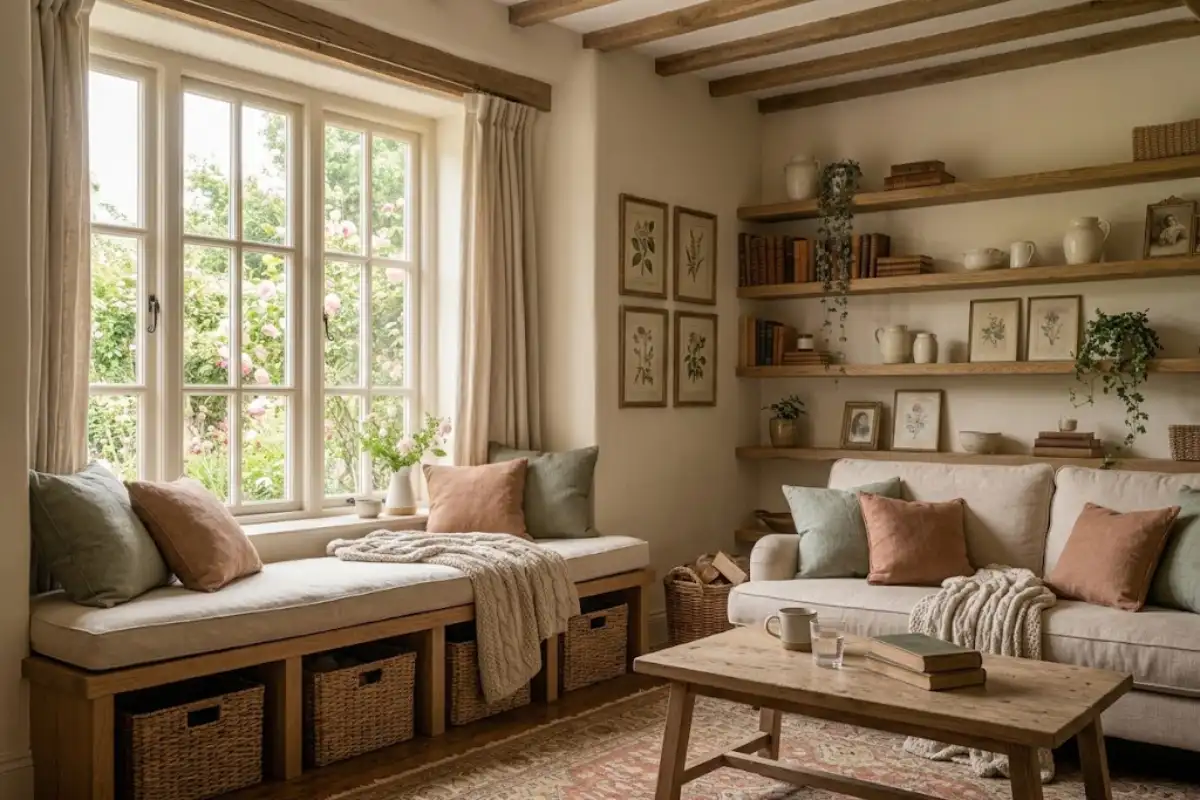 Built-in oak window seat with cream cushions, sage pillows, and woven storage baskets