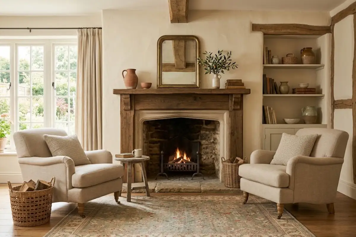 Weathered oak fireplace mantel with an antique mirror, handmade pottery, books, and olive branches