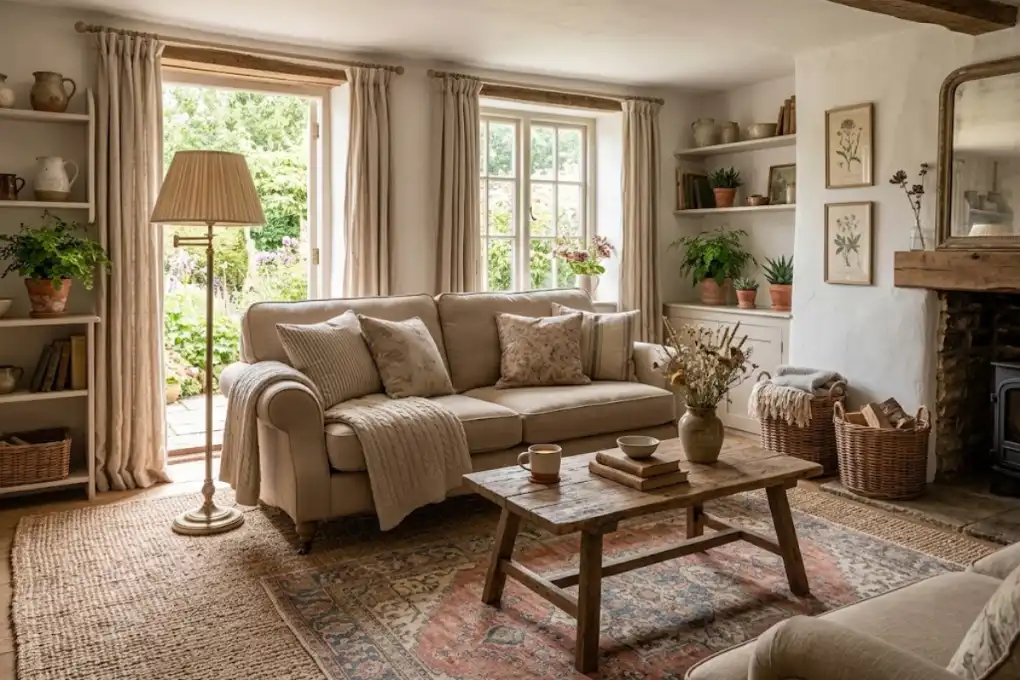 Layered natural jute and faded Persian rugs beneath a reclaimed wood coffee table