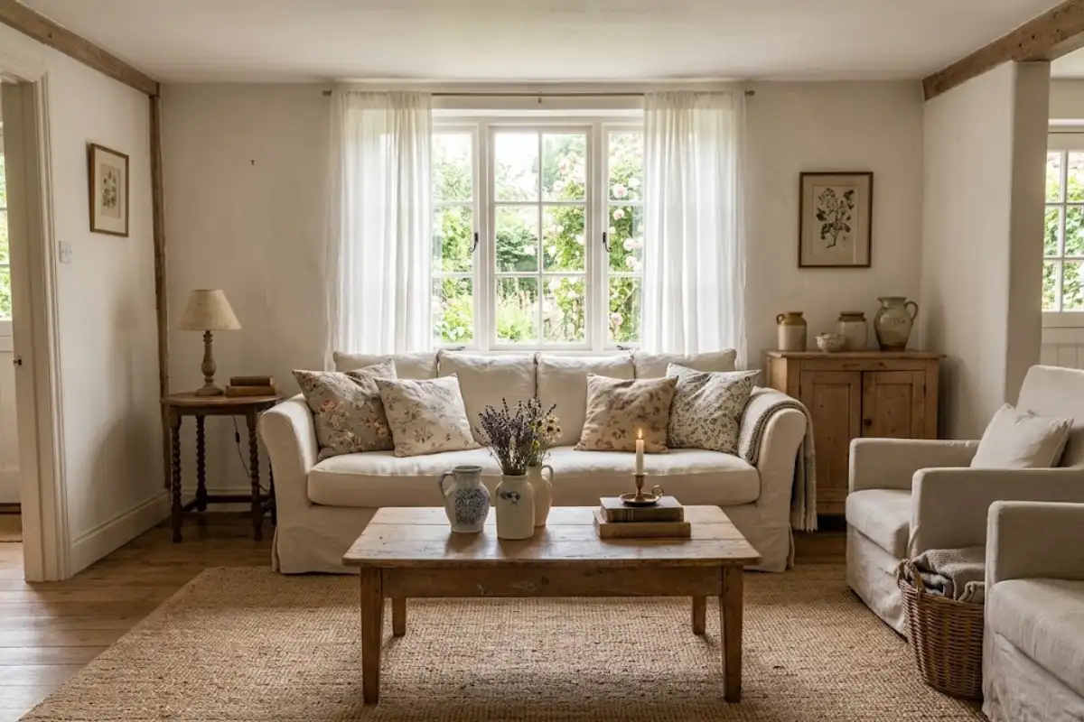 Ivory linen slipcovered sofa with relaxed cushions, a distressed oak table, and a woven rug
