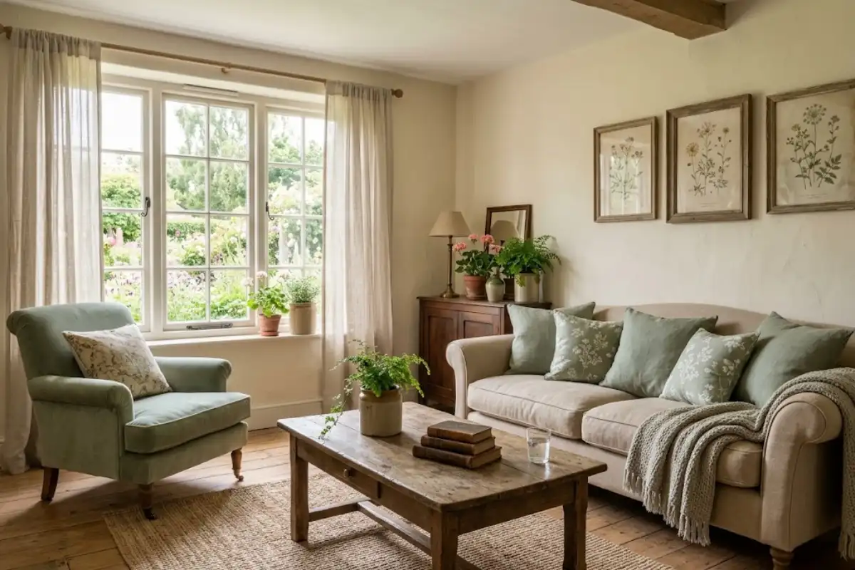 Rustic living room with sage green cushions, a green accent chair, and warm oak furniture