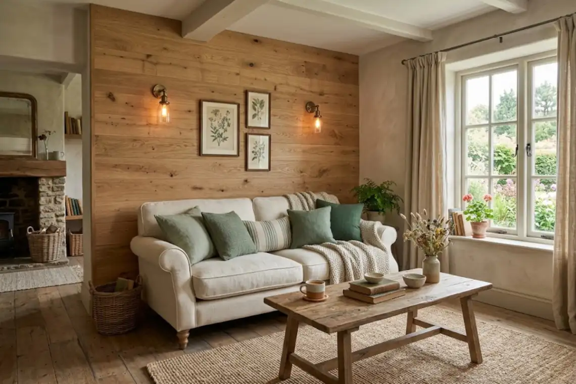 Natural oak plank accent wall behind a cream sofa in a rustic farmhouse living room