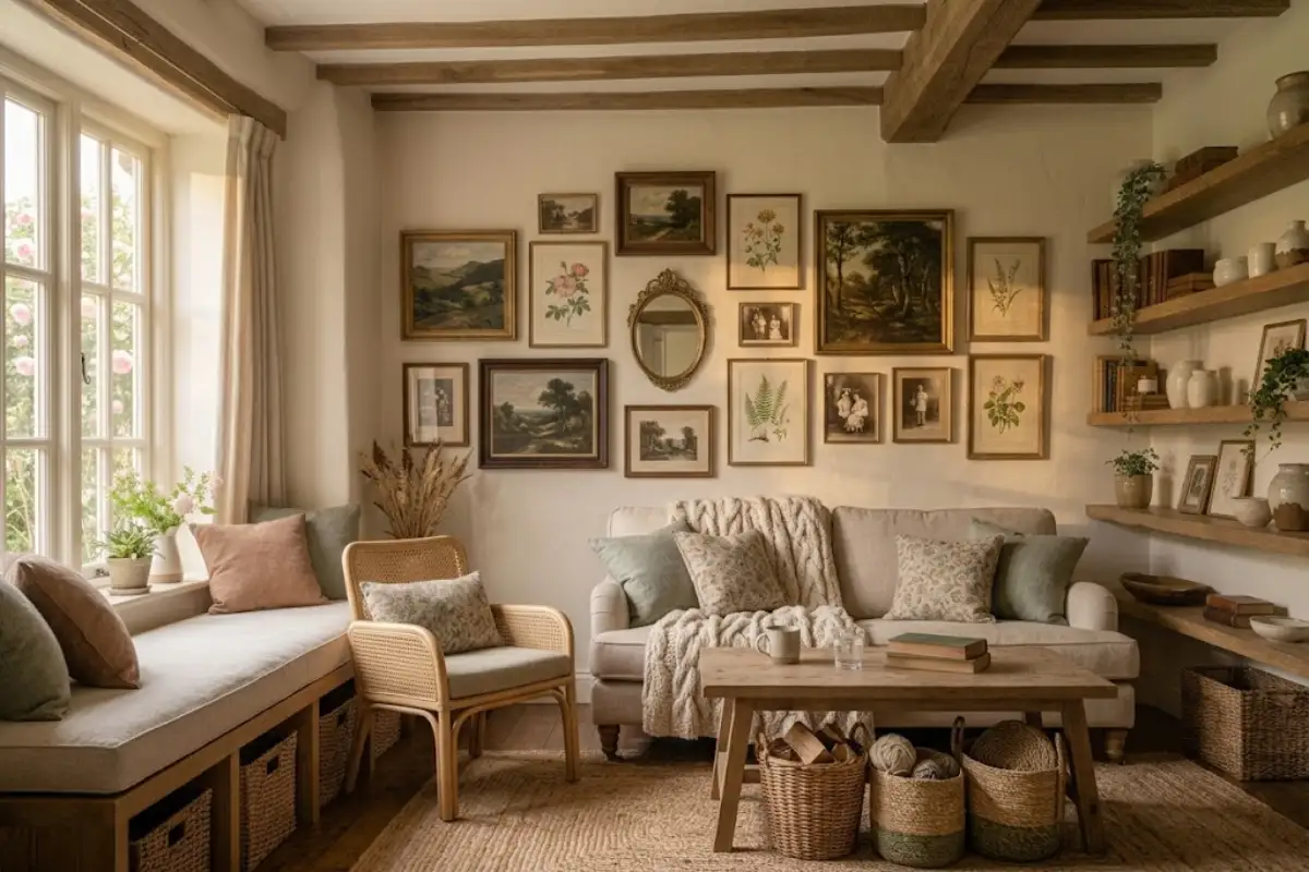 Rustic living room with jute rug, rattan chair, woven baskets, linen cushions, and oak table