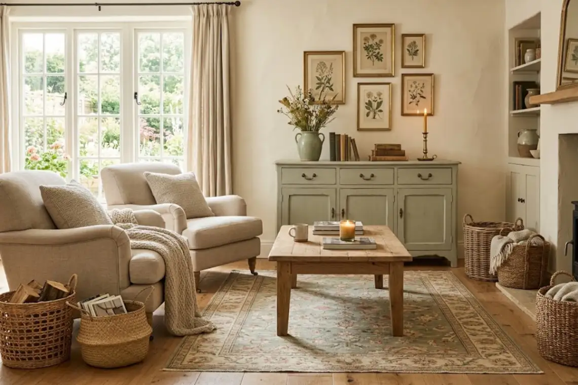 Rustic living room combining a natural reclaimed oak coffee table and a sage green painted sideboard