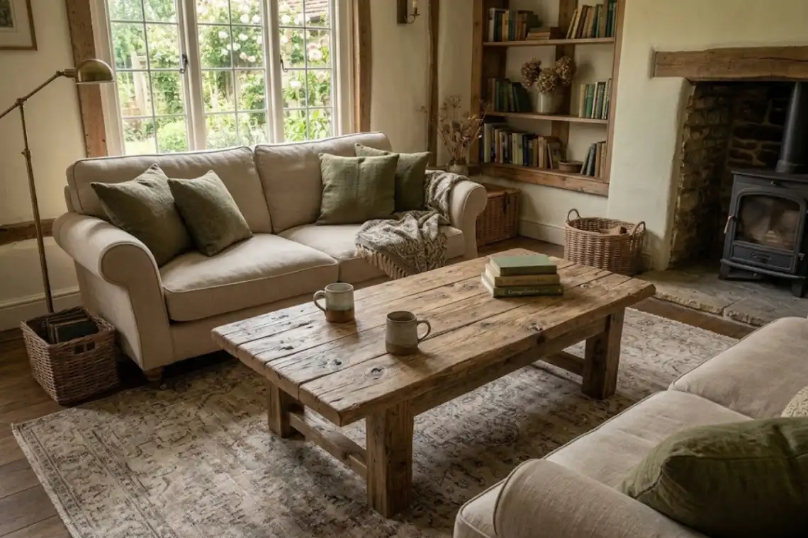 Chunky reclaimed wood coffee table with visible knots beside a beige sofa and vintage rug